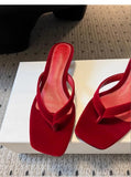Purpdrank  Red Satin Kitten Heel Design Slippers Women Summer Sexy Clip Toe Brand Flip Flops Comfort Square Toe Outdoor Casual Beach Shoes