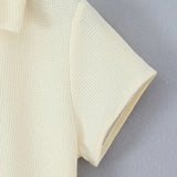 Purpdrank  CHIC Beige Polo Collar Bow Lapel V Waffle Knitted Short Sleeve Dress Women Slim Waist Spliced BUD Swing Short Dresses Robe
