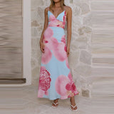 Purpdrank  Summer Backless Women's Commute Maxi Dress Fashion V-neck Floral Printed Halter Dress Sexy Sleeveless Fit Pleated Vacation Dress
