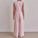Purpdrank  Trousers Suit Office Lady Outfits Elegant Women Loose Two Piece Set Sleeveless Lace Up Vest Top Elastic Waist Wide Leg Pants Set