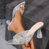 Purpdrank  Elegant Pointed Toe High Heels Slippers Women Summer Fashion Clear Crystal Heel Sandals Woman Shiny Sequins Banquet Party Shoes