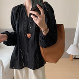 Purpdrank  Vintage Hollow Out V Neck Blouses Female Korean Loose All Match Long Sleeves Women Shirt Y2K Harajuku Streetwear Casual Shirts
