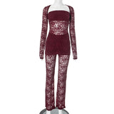 Purpdrank  Sexy Sheer Lace Womens Four Pieces Pant Sets 2025 Fashion Long Sleeve Cropped Cardigan with Tube Tops and Flare Pants Underwear