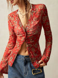 Purpdrank  Print Blouse Women Stand Collar Single Breasted Shirts Long Sleeve Vintage Fashion Top Spring Summer New Female Blouse
