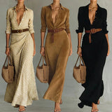 Purpdrank  Women's Vintage Belted High Waisted Party Evening Maxi Dresses New Long Sleeves Urban Elegant Lapel Shirt Dress