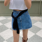 Purpdrank  Summer LOVE Print Y2K Women's Denim Wrap Skirt 2025 New High Waist Blue Jeans Sexy Mini A-line Skirts for Women