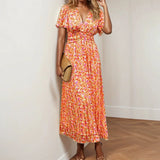 Purpdrank  Summer Women Floral Print Casual Long Dress Fashion V Neck Short Sleeve Elegant Office Female Beach Party Maxi Dresses Robe