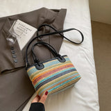 Purpdrank  Straw Woven Design Top-Handle Bags Women Rainbow Color Summer Beach Shoulder Crossbody Bags Luxury Designer Handbags