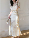Purpdrank  New Summer Style Square Neckline New Chinese Style Satin Socialite Temperament Waist-hugging Dress for Women
