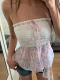 Purpdrank  Floral Crochet Patchwork Tank Tops Women Summer Lace-up Bow Sleeveless Slim Tube Top Preppy Style Sweet Cropped Camisole New