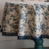 Purpdrank  Round 150Cm Blue Rose Printed Tablecloth Romantic Cotton and Linen Dust-Proof Table Cover Retro Lace Trim Furniture Protector
