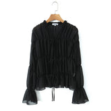 Purpdrank  Holiday Women Bow Lacing up Front V neck Ruched Lotus Root Long Sleeve Shirt Spring Summer Women Sheer Loose Chiffon Blouse Tops