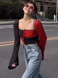 Purpdrank  Y2k Aesthetic Contrast Color Square Collar Cardigan Autumn Patchwork Hollow Out Knitted Pull Femme Harajuku Grunge Cropped Tops