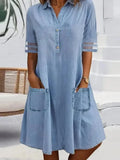 Purpdrank  Fashion Denim Women Dress Solid Color Mid Sleeves A Line Pattern Above Knee Stand Collar Casual Pocket Shirt Dress