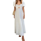 Purpdrank  Summer Fashion Womens White Long Dresses Elegant Short Sleeve V-Neck Hollow Out Dresses High Waisted Casual Dress