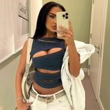 Purpdrank  Sleeveless Back Zipper Vest Clubwear Women Sexy Irregular Hollow Out Cutting Denim Crop Tank Top