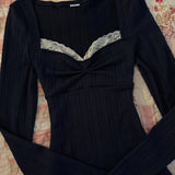 Purpdrank  Cottage Grunge Lace Trim T-shirt 90s Aesthetic Vintage Long Sleeve Pullovers Women Autumn Square Collar Slim Fit Tees Shirt