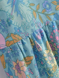 Purpdrank  BOHO V neck Flower Print Single-Breasted Buttons Mini Dress Woman Spliced Ruched Pleated Short Sleeve Loose Robe Holiday