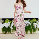 Purpdrank  Elegant Women Floral Print Bohemian Dress Summer 2025 Sexy Chic Strap Sleeveless Halter Corset Irregular Vacation Long Dress
