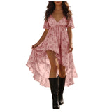 Purpdrank  Women's Retro Western Cowgirl Style Floral Summer Dress V Neck Puff Sleeve High Low Hem Ruffle Flowy Dress Elegant Party Dresses