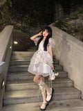 Purpdrank  Princess Style Floral Print Puffy Sleeve Short Dress Women's Summer Tea Break Waist Cinched Bubble Skirt City Walk Dress