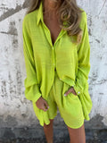 Purpdrank  Women's Casual Solid Color Cotton and Linen Shorts Long Sleeve Wrinkle Shirt Two-piece Set
