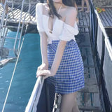 Purpdrank  Fashion Women Blue Plaid Slit High Waist Skirt Women Side Zipper Package Hips A-line Short Skirts Femme