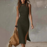 Purpdrank  Fashion Basic Slim Midi Dresses Women's Sexy O-Neck Side Split Sleeveless Solid color Bodycon Robe Commute Vacation