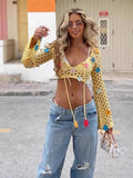 Purpdrank  Chic V-neck Hollow Out Lace-up Top Hip Package Mini Skirts Fashion Long Sleeve Hook Skirt Set for Women 2025 Summer Beach Outfit
