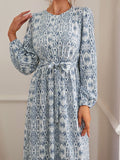 Purpdrank - Female Waistband Print O-Neck Casual Dresses Holiday Women Long Sleeve Maxi Dress Fashion Bohemian Long Robes