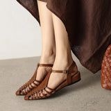 Purpdrank   Summer Women Sandals Genuine Leather Shoes for Women Pointed Toe Chunky Heel Shoes Elegant Cover Toe Slingback Hollow Sandals