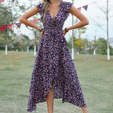 Purpdrank  Elegant Women's V-neck Floral Print Long Dress Summer Short-sleeve Lace Up A-line Dresses Bohemian Holiday Vacation Dresses