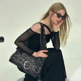 Purpdrank  Belt buckle Women PU Rivet Multiple Pockets Shoulder Bag for Women Y2k Gothic Aged Leather New Designer Luxury Fashion Tote Bag