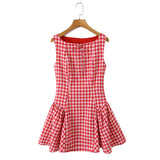 Purpdrank  Sexy Red Gingham Plaid Mini Sleeveless Dress Women Bow O Neck Zipper Back Low Waist Ruched Hem Swing Tank Dresses Vestidos Black