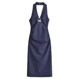 Purpdrank  Denim Dress Summer 2025 New Fashion Slim V-neck Hanging Neck Elegant Long Dress Women Street Holiday Chic Youth Party Dress