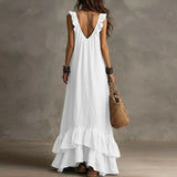 Purpdrank  Women's Boho Ruffle Irregular Hem Maxi Dress Spring Deep V Neck Loose Party Long Dresses New Summer Sleeveless Solid Beach Dress