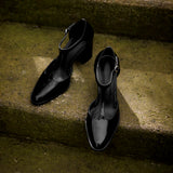 Purpdrank  New Fashion Lacquer Leather T-shaped Pumps Round Toe Square Heel Straw Shoes French High Heels One Button Baotou Sandals