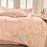 Purpdrank  Beige/Pink Flowers Butterfly Embroidery 100% Cotton Bedding Set Duvet Cover Set Bed Sheet/Fitted Sheet Pillowcases 4Pcs Bed Sets