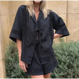 Purpdrank  Summer Holiday 2 Piece Set Women Loose Patchwork Shorts Solid Hollow Out Bandage Shirt Sets Fashion Lady Elastic Waist Suit