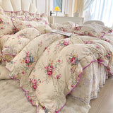 Purpdrank  100% Cotton Vintage Pastoral Style Rose Flowers Print Ruffles Bedding Set Duvet Cover Set Bow Lace Quilted Bed Skirt Pillowcases