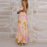 Purpdrank  Summer Backless Women's Commute Maxi Dress Fashion V-neck Floral Printed Halter Dress Sexy Sleeveless Fit Pleated Vacation Dress