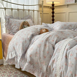 Purpdrank  Double Layer Yarn Pure Cotton French Floral Lace Ruffles Bedding Set Duvet Cover Set Pillowcases With Flat/Fitted Bed Sheet 4Pcs