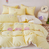 Purpdrank  Pink Bedding Sets Solid Color Washed Cotton Home Girls Bedroom Decor Duvet Cover Pillowcase Bedspread Embroidery Four Piece Set