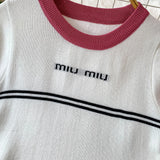 Purpdrank  Korean Sle Student Stripe Knitted T-irt Top High Waist A-Line Skirt Set round Ne ort Sve Casual Faion Ensemble