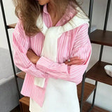 Purpdrank  Women's Striped irt Casual Long Sve Breathable Polyester Fiber Commute Sle Comfortable Fit Striped Blouse for Ladies