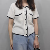 Purpdrank  Summer Single Breasted Hollow Out Women's Shirts Pockets Polo Collar Korean Short Sleeve Knitted Tops Female