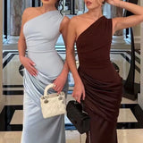 Purpdrank  Lady Elegant Sleeveless Dress Fashion Asymmetry Slash Collar Spliced Satin Dress Summer New Solid Color Hollow Out Evening Dress