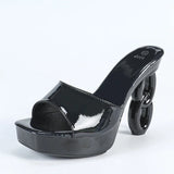 Purpdrank  New Chic Strange Fretwork Heels Platform Slippers Black Patent Leather Summer Sandals Women Sexy Square Toe Party Shoes