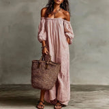 Purpdrank  Bohemian Off Shoulder Puff Sleeve Long Dresses Woman Spring Striped Print Loose Maxi Dress Summer Hollow Pocket Beach Dress