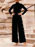 Purpdrank  Women's Trendy Gold Button High Waist Wide Leg Black Pants Loose Solid Color  Elegant Office Work Casual Trousers Bottoms